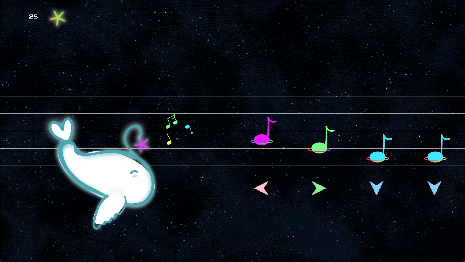 A white whale with a star antenna smiling in space in front of a musical staff.